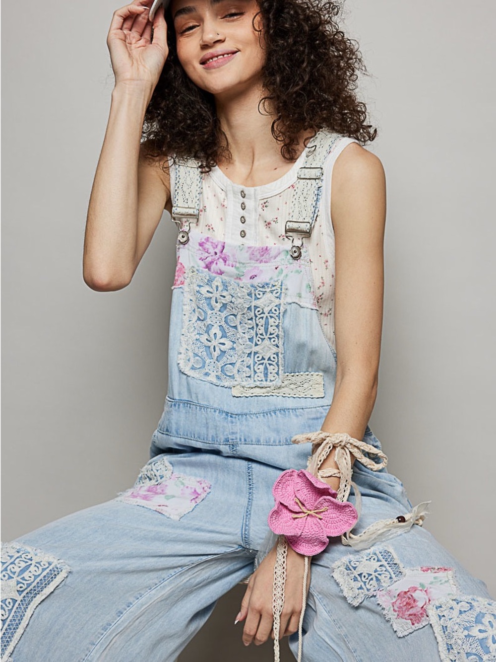 POL Light Blue Denim Patchwork Lace Jumpsuit with Pink Accents - Picture 2 of 8